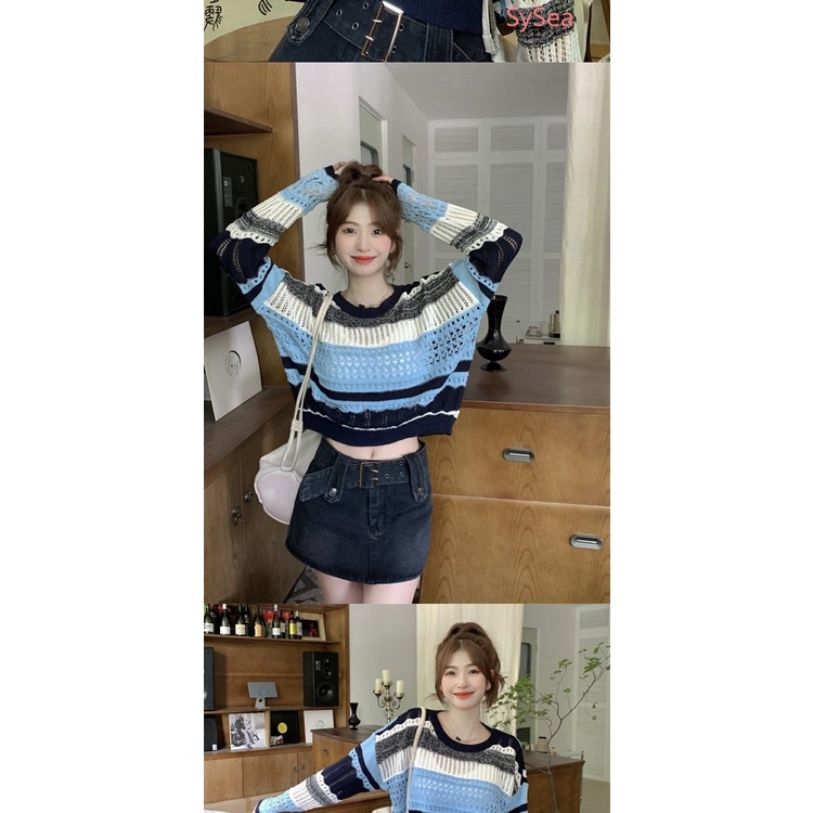 Áo Dệt Kim Tay Dài Họa Tiết Kẻ Sọc Thời Trang Mùa Hè Cho Nữ