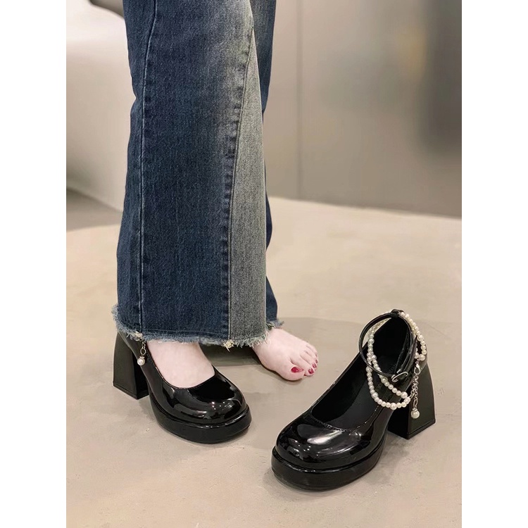 Giày Cao Gót Da Đế Dày Tăng Chiều Cao Kiểu Retro Pháp Cá Tính