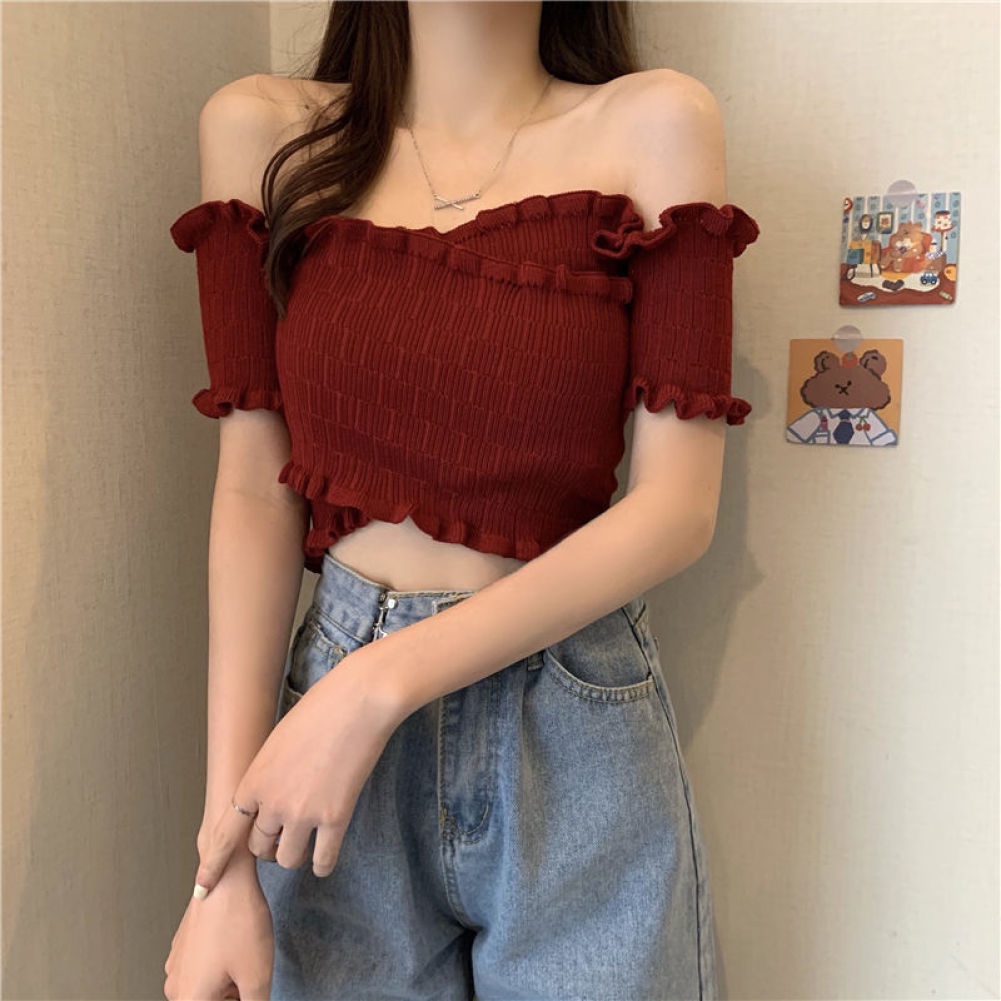 Áo Croptop Dệt Kim Tay Ngắn Hở Vai Dáng Ôm Thời Trang Mùa Hè Hàng Mới Dành Cho Bạn Nữ