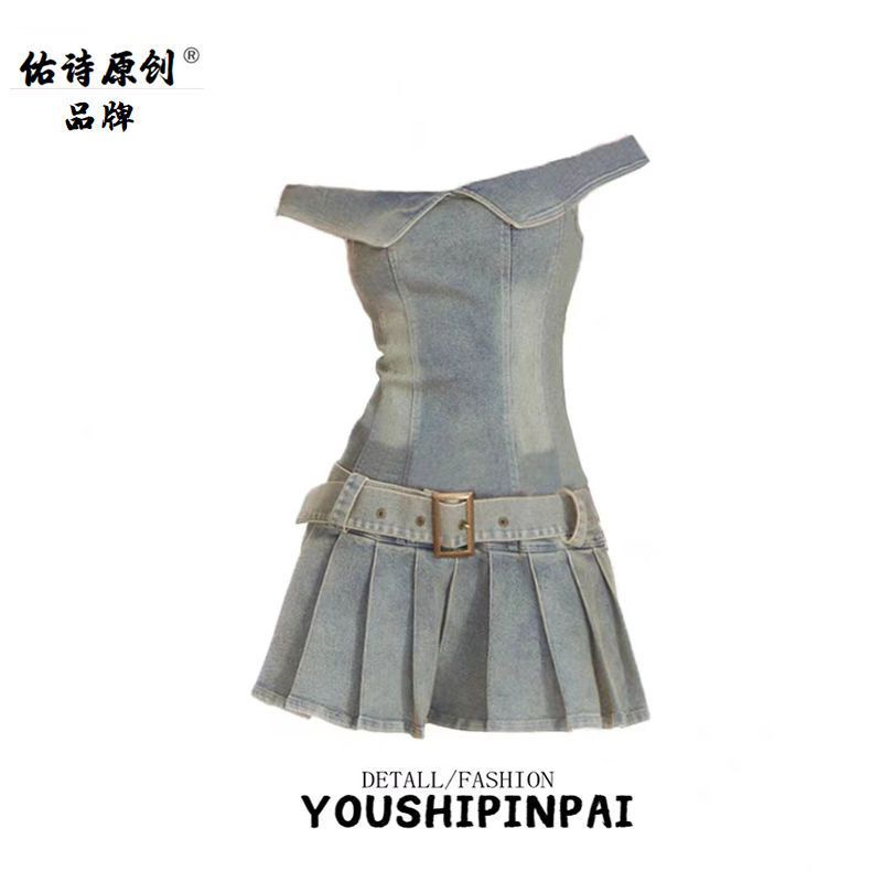 Đầm Denim Chữ A Xếp Ly Phong Cách Âu Mỹ Thời Trang Mùa Hè Cho Nữ QG0