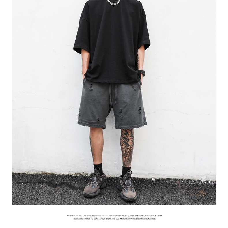 Quần Short Thể Thao Ống Rộng Phối Vết Rách Phong Cách Hip Hop Đường Phố Cá Tính