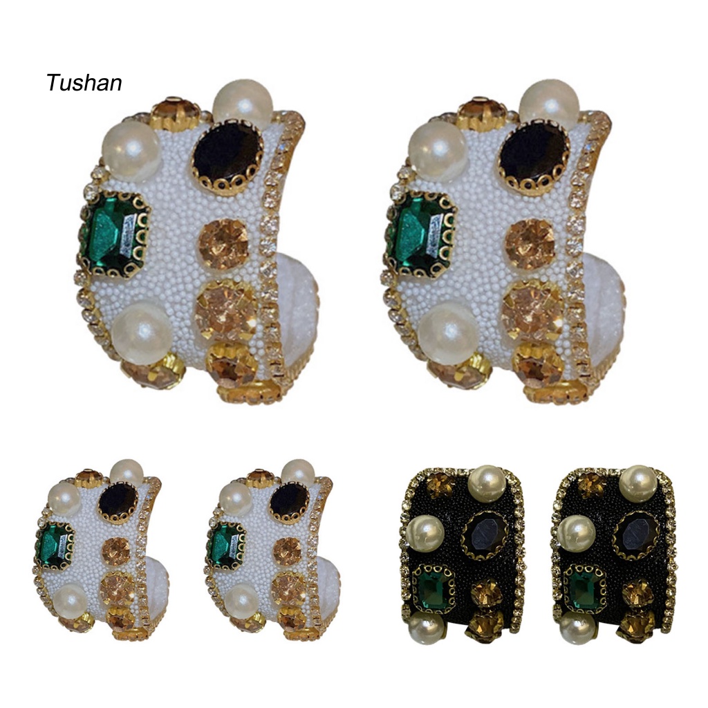 1 Đôi Bông Tai Chữ C Đính Ngọc Trai Giả Thời Trang