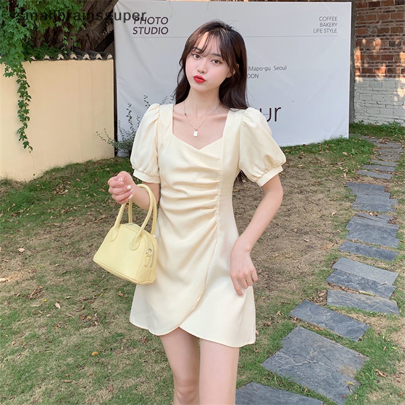 Đầm Mini Cổ Vuông Tay Phồng Xếp Ly Màu Trơn Thời Trang Mùa Hè Xinh Xắn Cho Nữ