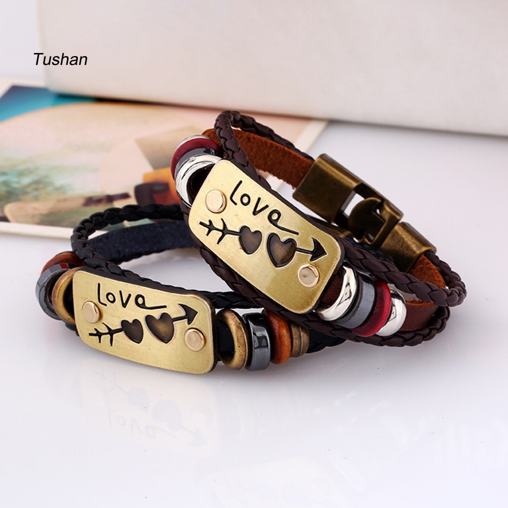 Vòng Tay Dây Da Bện Co Giãn Họa Tiết Hình Học / Mũi Tên / Trái Tim Thời Trang Cho Cặp Đôi
