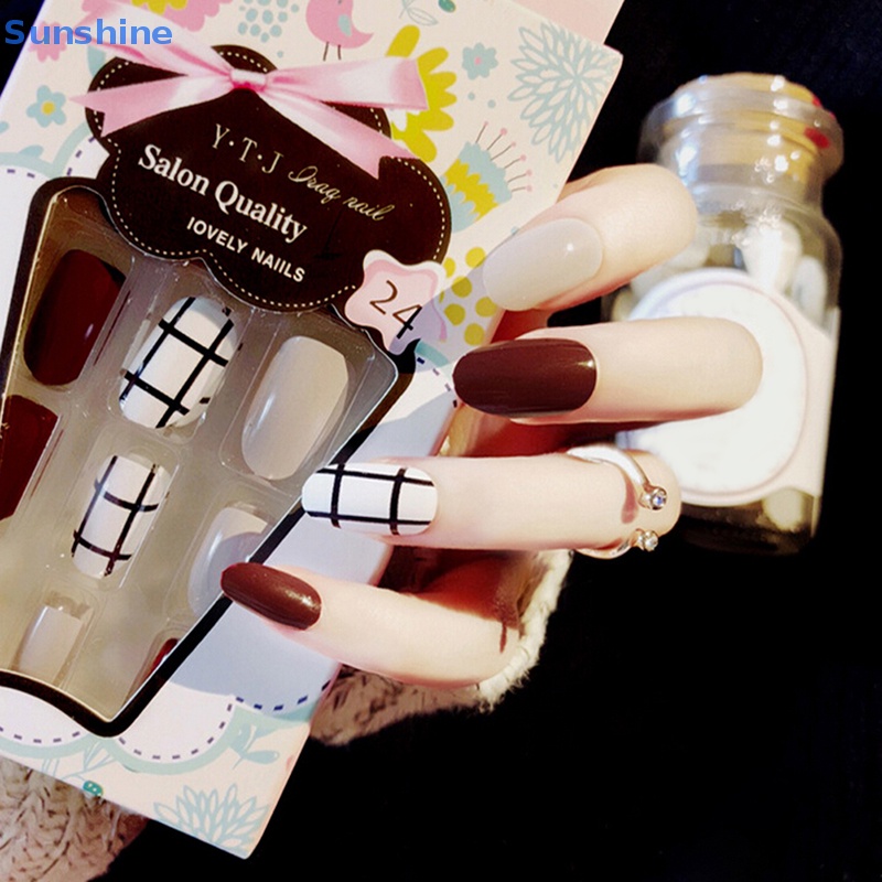 Bộ 24 Móng Tay Giả Ngắn Màu Đỏ Rượu Vang Thời Trang diy