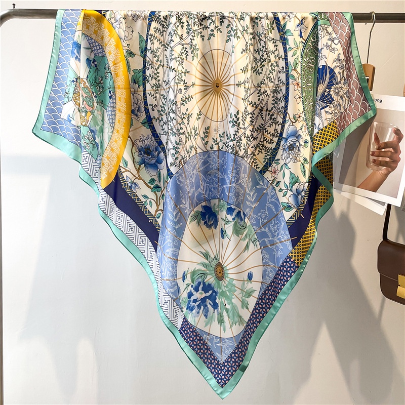 Khăn Choàng Lụa Satin Vuông 110cm In Họa Tiết Hoa / Xương Cá Kiểu Retro Dễ Phối Đồ Cho Nữ