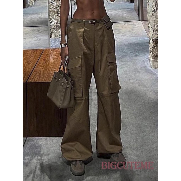 [] - Quần Dài Dáng Rộng Màu Trơn Cài Nút Có Túi Và Khóa Kéo Cho Nữ