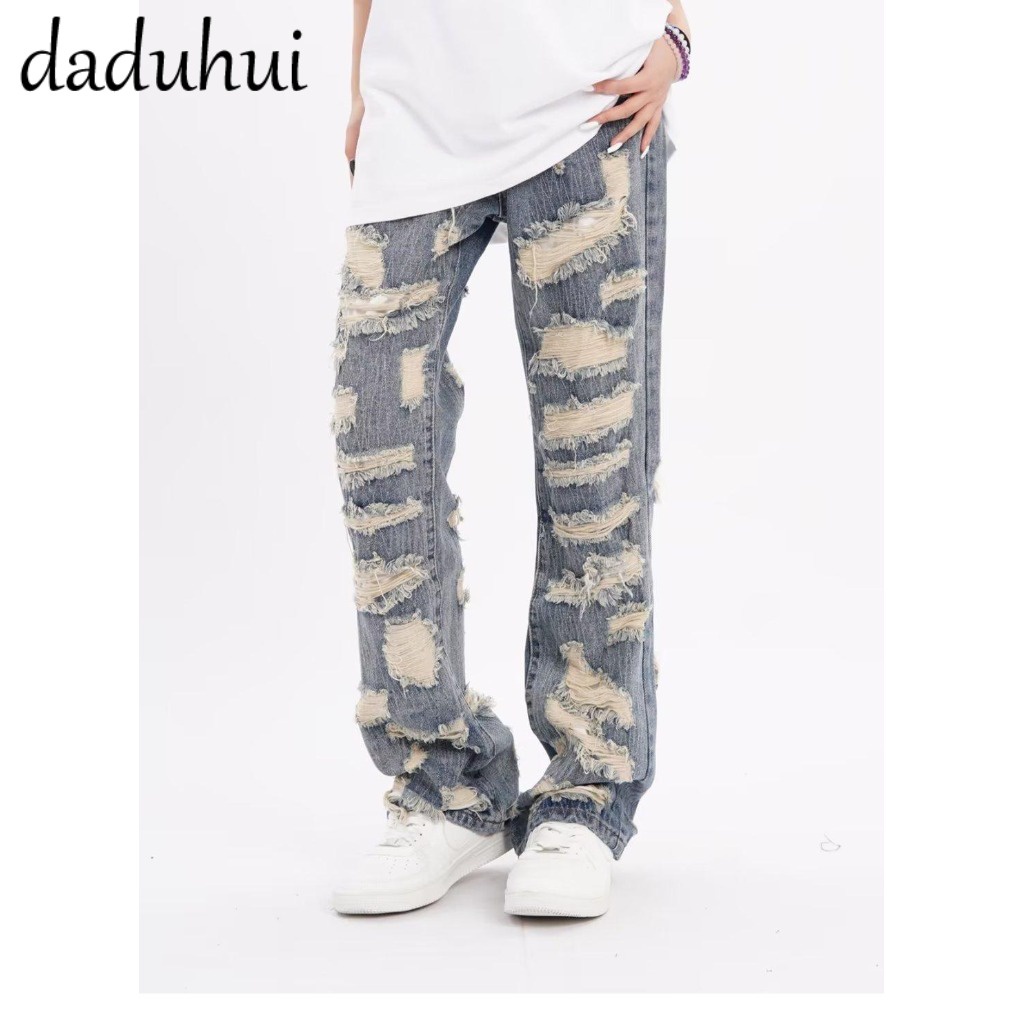 Daduhui New American Ins Retro Ripped Jeans Women's High Waist Loose Wide Leg Pants Large Size Trousers