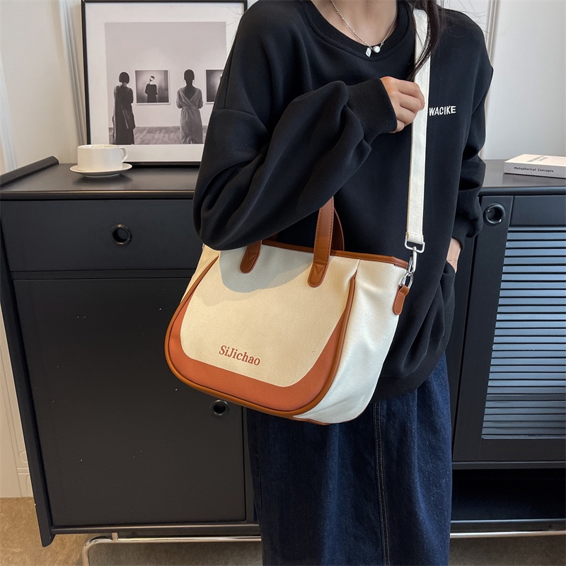 Túi tote Hình Vuông Bằng Vải Bạt Màu Tương Phản Thời Trang Hàn Quốc Cho Nữ