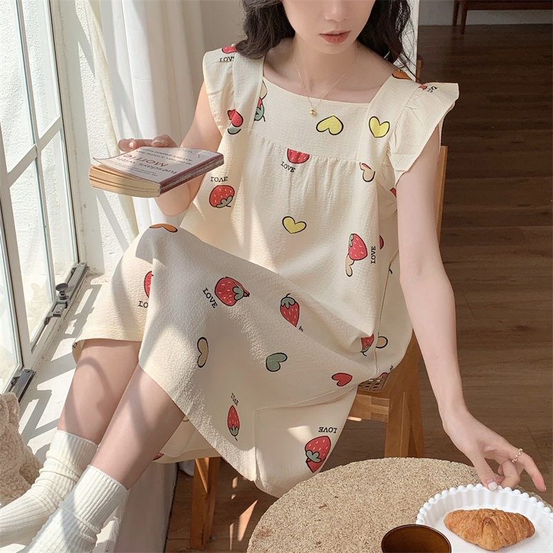 Đồ ngủ Phối Ren Họa Tiết Dâu Tây Đơn Giản Phong Cách Hàn Quốc Thời Trang Mùa Hè Hàng Mới Dành Cho Bạn Nữ