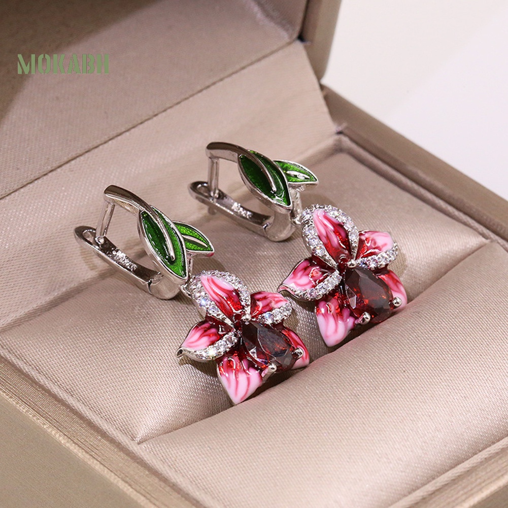 Bông Tai Hình Hoa Lá Tráng Men Đính Đá Thời Trang Cho Nữ