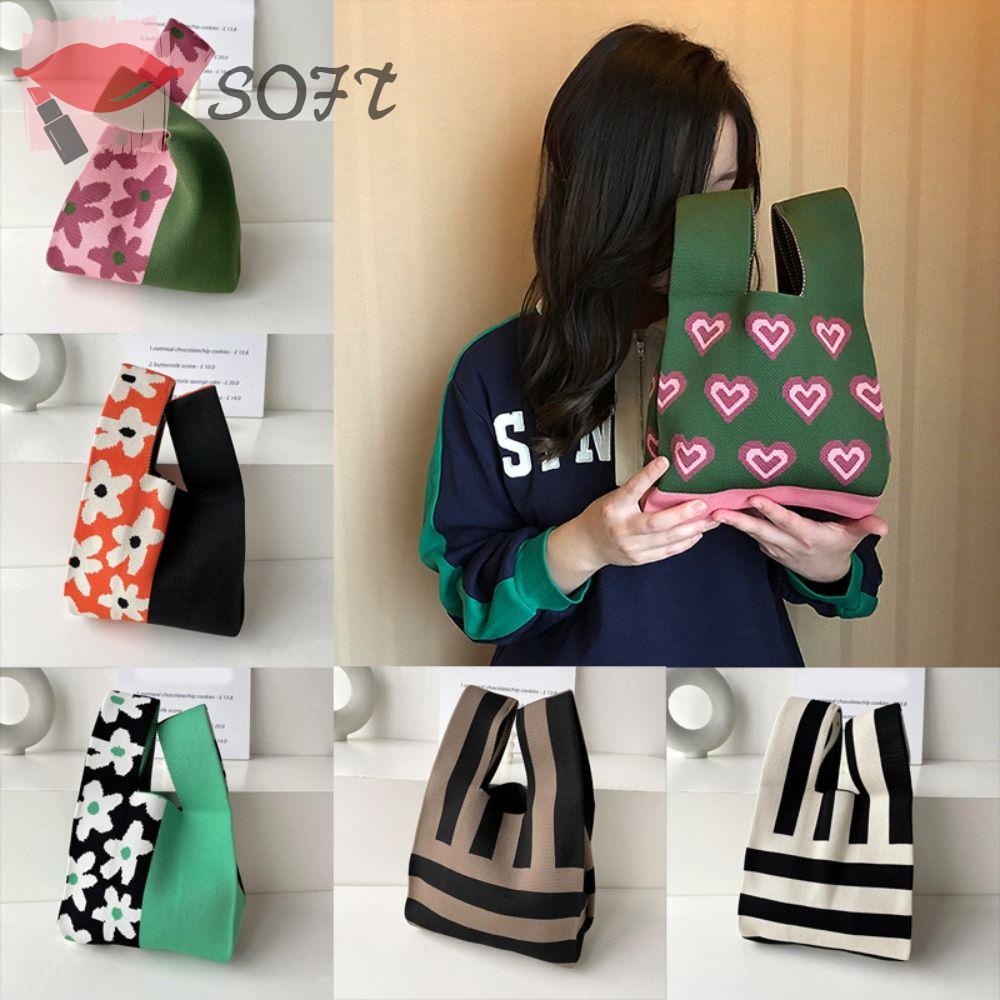 Túi Tote Đan Len Thủ Công In Họa Tiết Hoa Trái Tim Xinh Xắn Cho Nữ