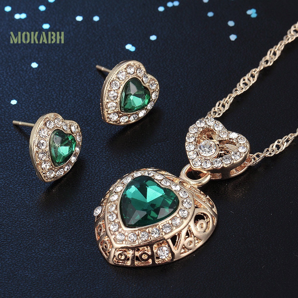 Bộ Trang Sức Gồm Vòng cổ / Bông Tai Bằng Hợp Kim Hình Trái Tim Đính Đá Thời Trang Cho Nữ