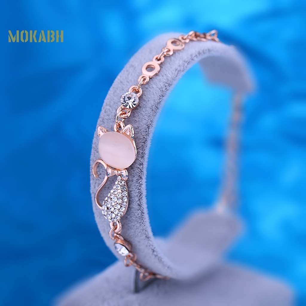 Vòng Đeo Tay Mặt Hình Mèo Đính Đá Opal Dễ Thương Cho Nữ
