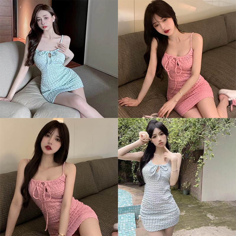 Đầm Ngắn Hai Dây Ôm Dáng Thanh Lịch Quyến Rũ Phong Cách Hàn Quốc