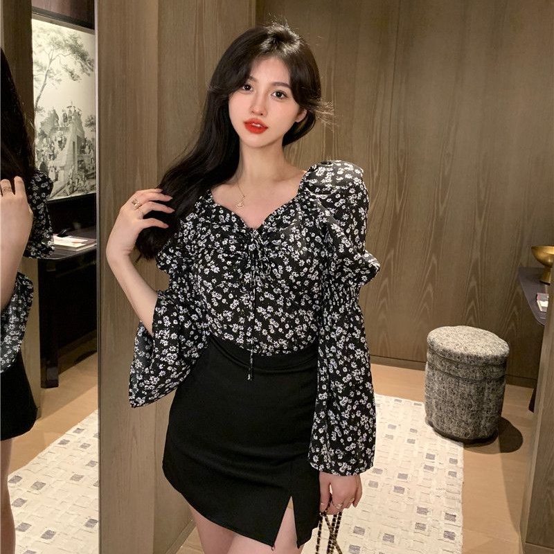 COZOK Áo Kiểu Tay Phồng Cổ Vuông Dáng Ôm In Hoa Thời Trang Quyến Rũ Cho Nữ