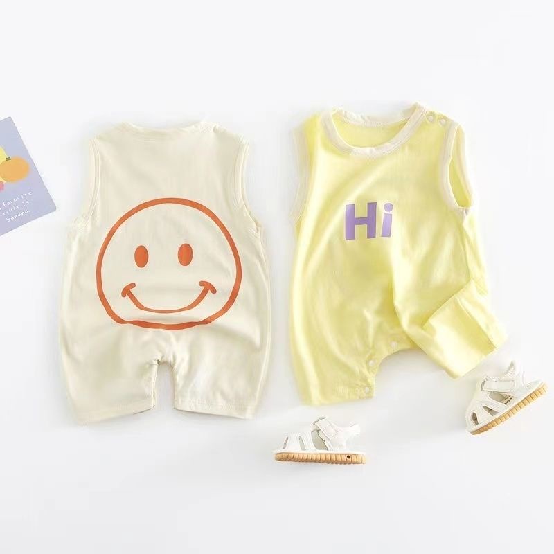 Bộ Áo Liền Quần Sát Nách In Hình Mặt Cười Dễ Thương Thời Trang Mùa Hè Cho Bé Sơ Sinh