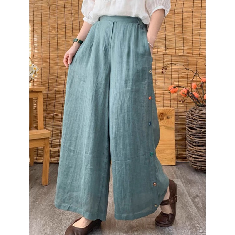 Quần ống rộng chất đũi dáng sớ váy phối cúc chất liệu đũi tơ siêu nhẹ mát phong cách vitage có hai túi hai bên mã T_819