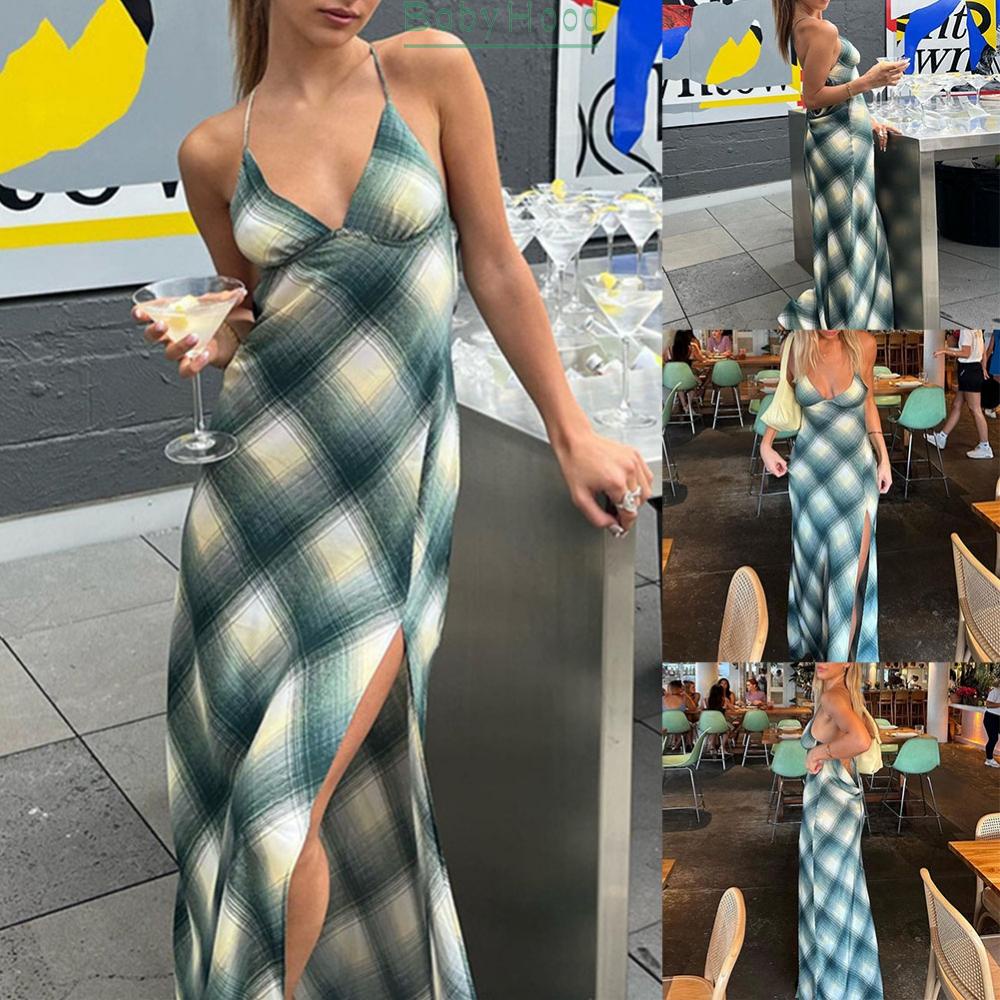 Sleeveless Printed Suspended Dress V neck Backless Split Street Dresses for Women#BBHOOD
