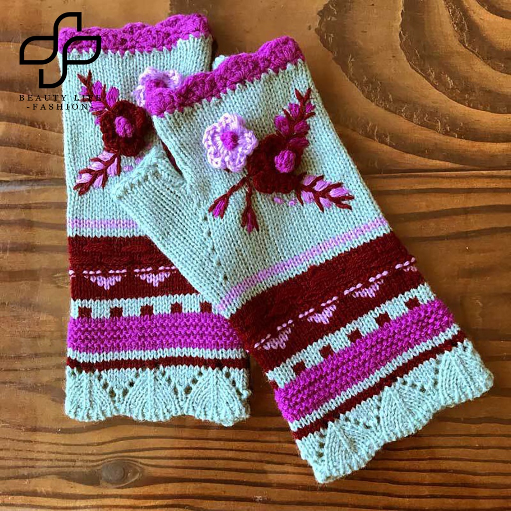 1 Đôi Găng Tay Dệt Kim Co Giãn Thêu Hoa Xinh Xắn