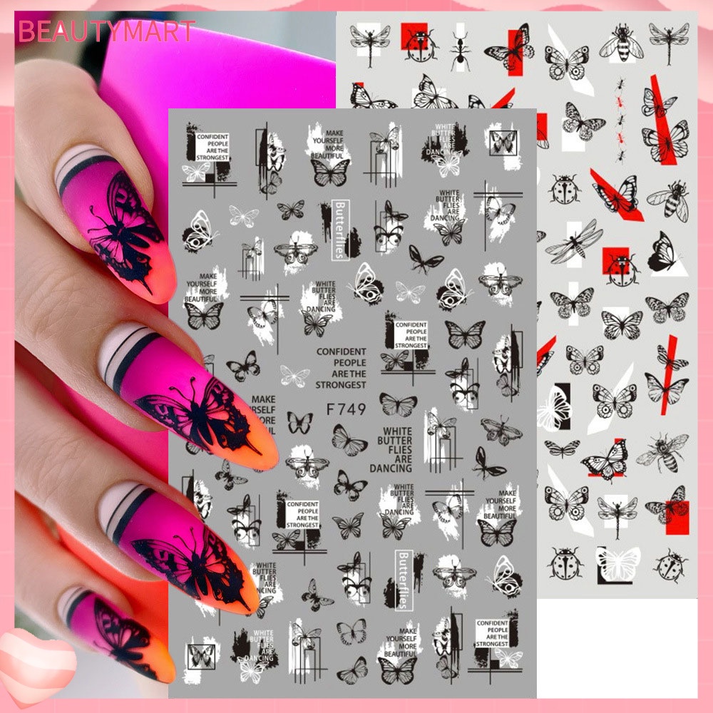 Bộ 2 Miếng Dán Móng Tay 3D Đa Năng Phong Cách Punk Cổ Điển Màu Trắng Đen Cho Nữ