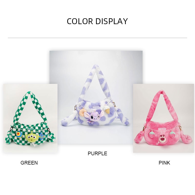 Túi Xách Đeo Vai Phối Lông Hình Trái Tim Ba Mắt Hoạt Hình Disney Dâu Tây Đáng Yêu Dành Cho Nữ