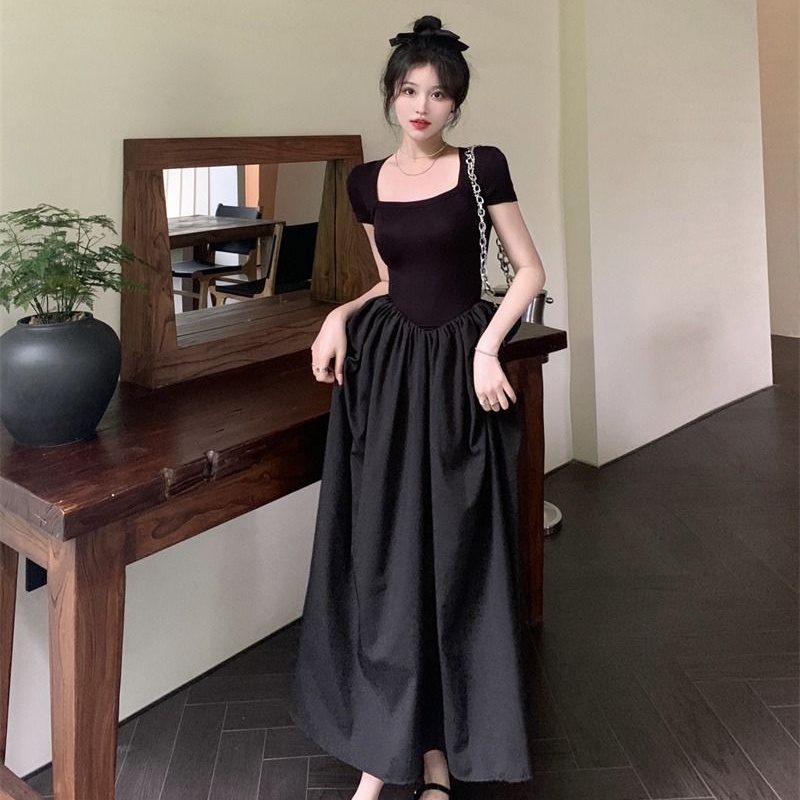 COZOK Đầm Tay Ngắn Cổ Vuông Thiết Kế Đơn Giản Thời Trang