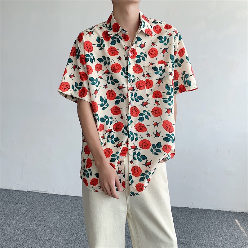 Áo Sơ Mi Ngắn Tay Dáng Rộng In Họa Tiết Hoa Thời Trang Harajuku Nhật Bản Cho Nam