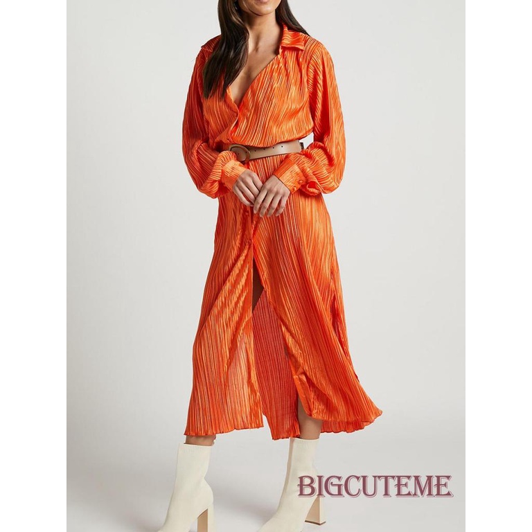 Đầm Midi Tay Dài Cổ Chữ V Xếp Ly Màu Sắc Đơn Giản Cho Nữ