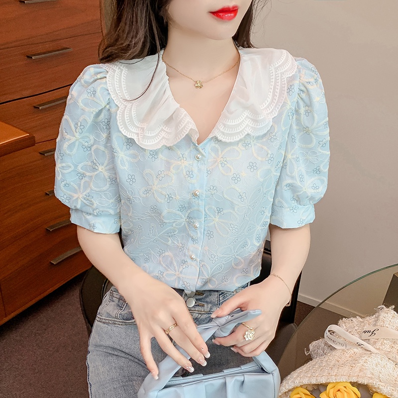 Áo Sơ Mi Voan Cổ Búp Bê / Dễ Phối Đồ / Mỏng / Thêu / Phong Cách Mới / Ren / Cá Nhân KNK0