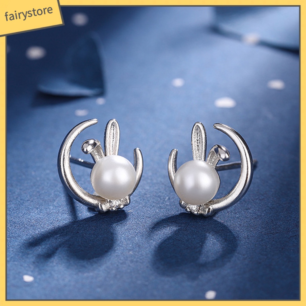 1 Đôi Bông Tai Hình Thỏ Mặt Trăng Mạ Điện Không Phai Sang Trọng Dành Cho Nữ