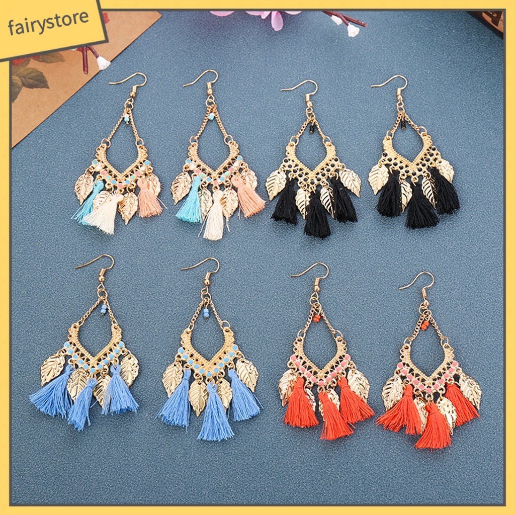 1 Đôi Bông Tai Móc Hình Chiếc Lá Tua Rua Dáng Dài Phong Cách Vintage