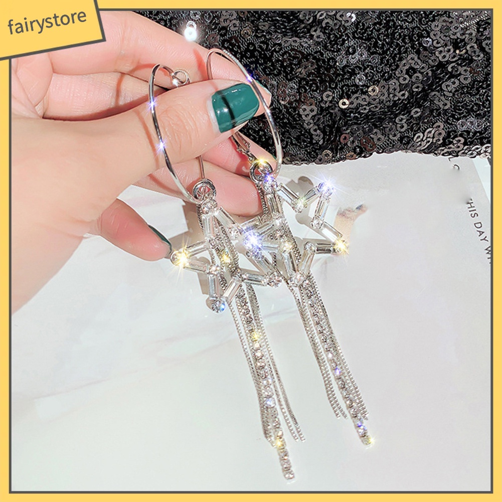 Bông Tai Dạng Vòng Hình Ngôi Sao Năm Cánh Đính Đá Phối Tua Rua Thời Trang Cho Nữ