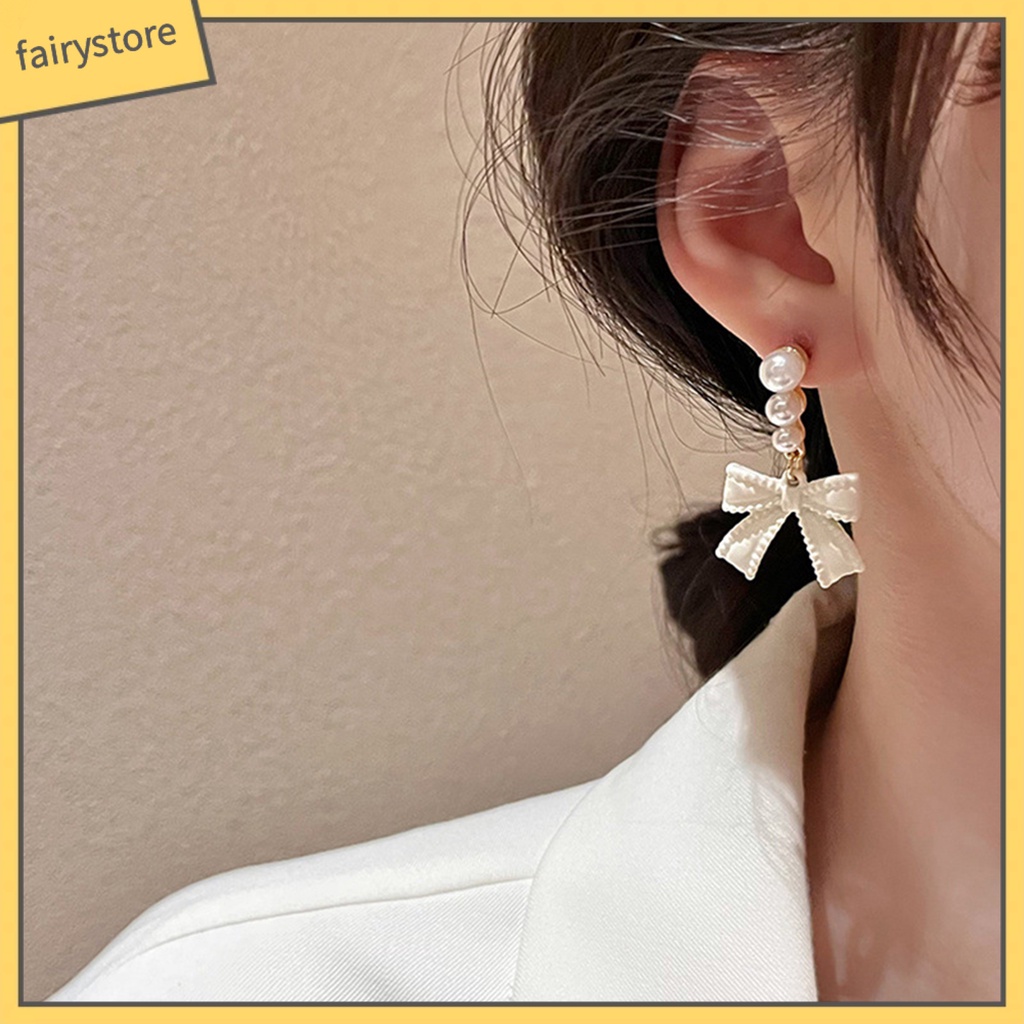 1 Đôi Bông Tai Hình Nơ Đính Ngọc Trai Nhân Tạo Phong Cách Hàn Quốc