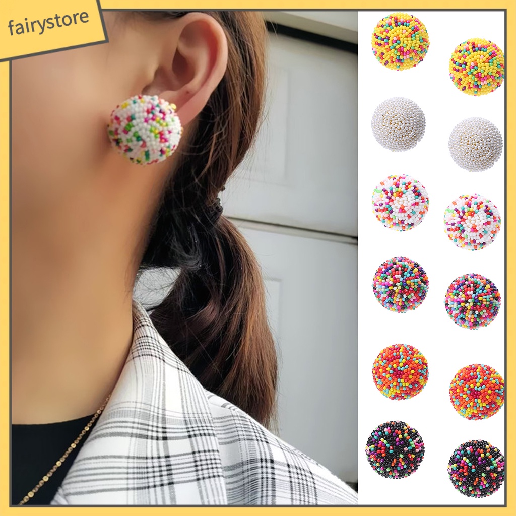[FRO] 1 Đôi Bông Tai Xỏ Hạt Tròn Nhiều Màu Phong Cách Bohemian Vintage Thích Hợp Đi Tiệc