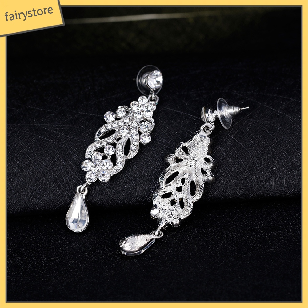 Bông Tai Dáng Dài Hình Hoa Đính Đá Lấp Lánh Cho Cô Dâu