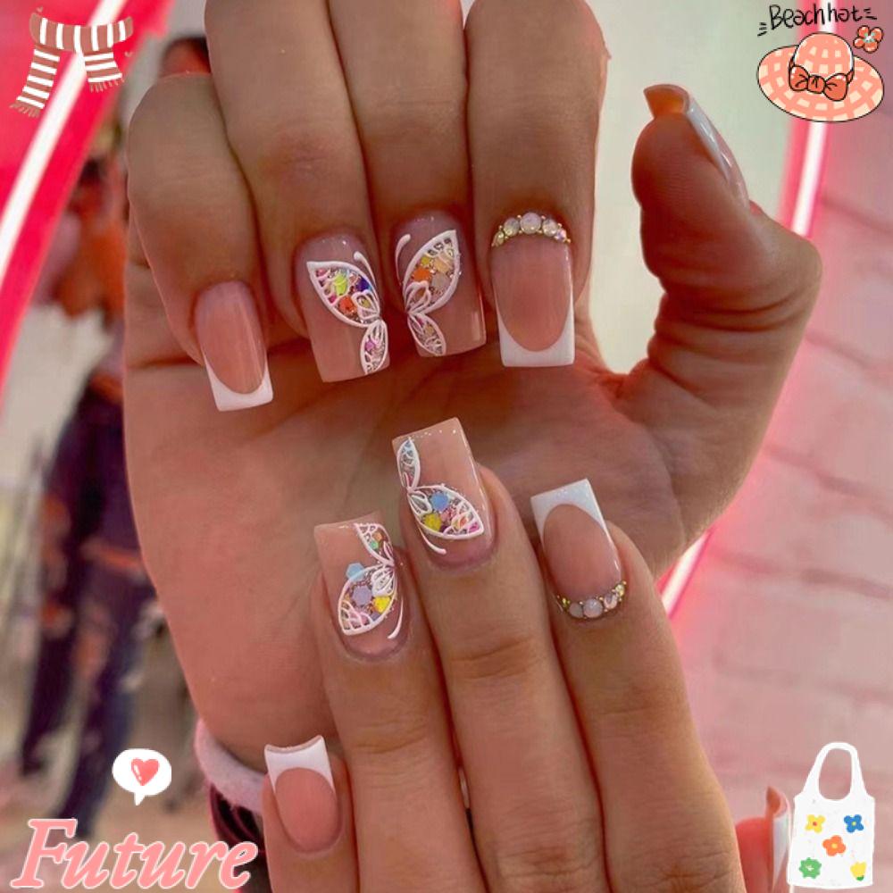 Set 24 Móng Tay Giả DIY Dạng Nhấn Họa Tiết Bướm