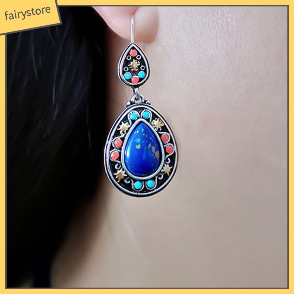 Bông Tai Hình Giọt Nước Đính Đá Ngọc Lam Giả Phong Cách Vintage Dành Cho Nữ