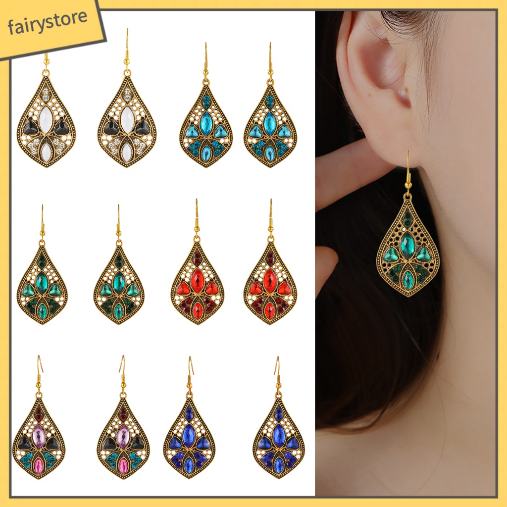 1 Đôi Bông Tai Hình Giọt Nước Đính Đá Phong Cách Retro Dành Cho Nữ