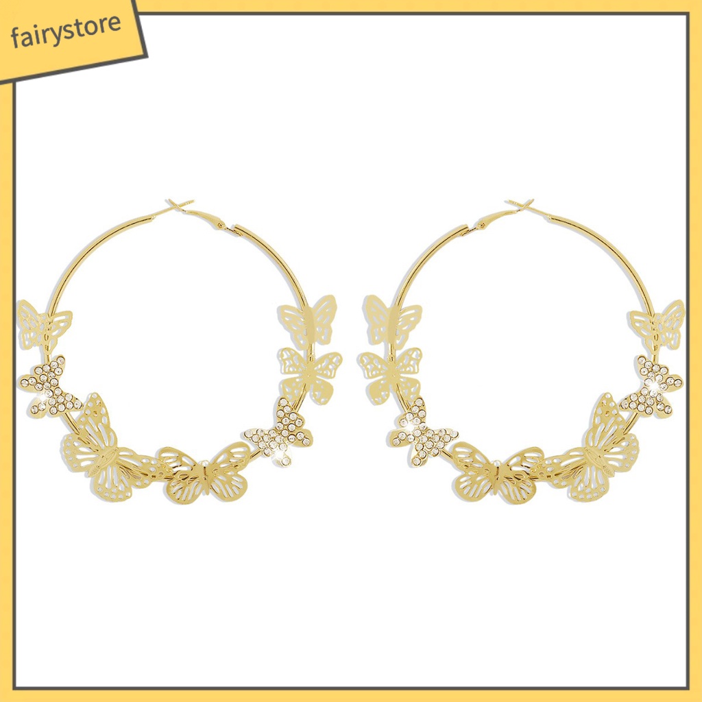 1 Đôi Bông Tai Tròn Đính Đá Hình Bướm 3D Sáng Bóng Phong Cách Vintage Dành Cho Nữ