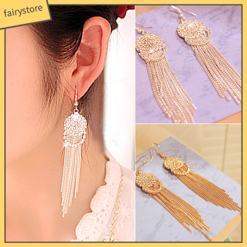 Bông Tai Dáng Dài Đính Đá Phối Tua Rua Thời Trang Cho Nữ