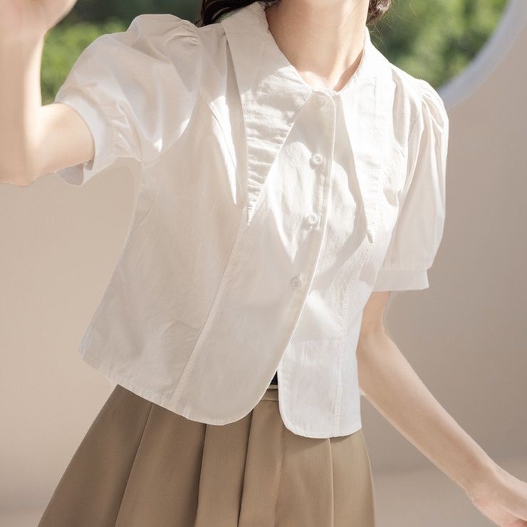 Áo Sơ Mi Tay Ngắn Phồng Màu Trắng Phong Cách Pháp Thời Trang Mùa Hè Xinh Xắn Cho Nữ