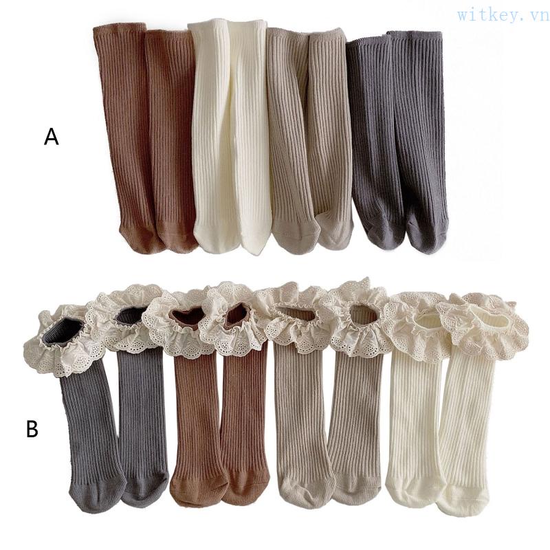 Vớ Cotton Dệt Kim Cổ Cao Thoáng Khí Phối Ren Màu Sắc Tinh Khiết Thân Thiện Với Làn Da Cho Em Bé Sơ Sinh