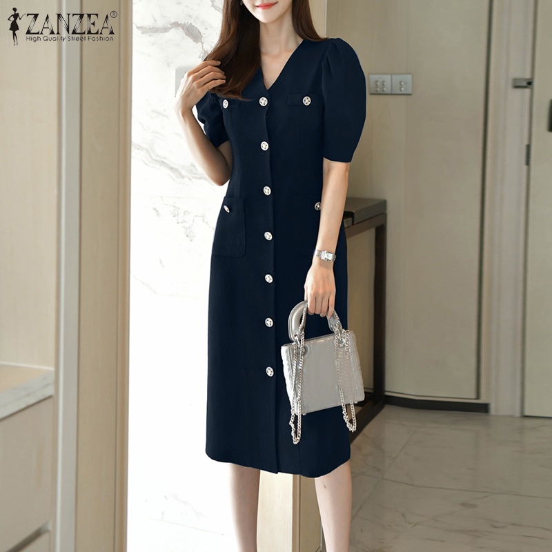 Đầm Nữ Tay Ngắn Cổ Chữ V Màu Trơn Phong Cách Hàn Quốc ZANZEA