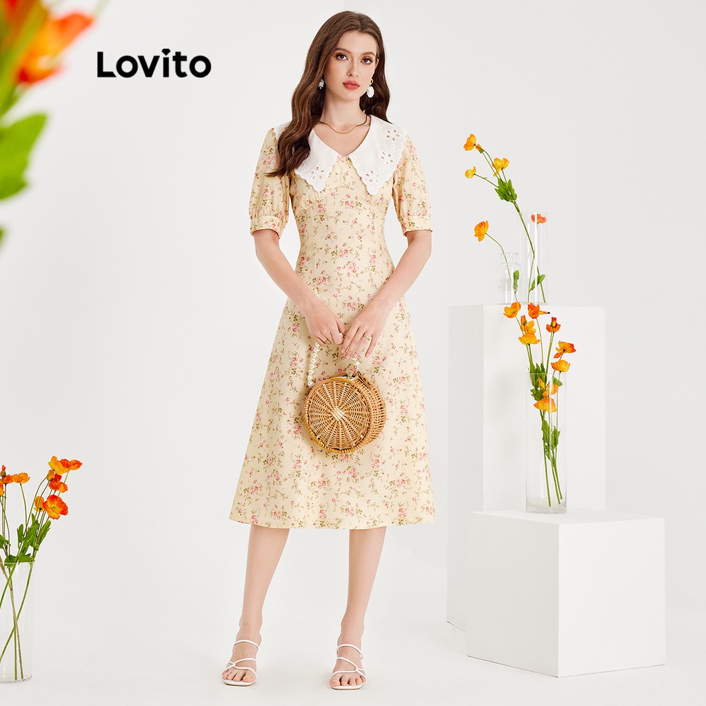 Đầm Lovito tay phồng thêu họa tiết cổ đứng tương phản họa tiết hoa boho cho nữ L51ED133 (màu vàng nhạt)