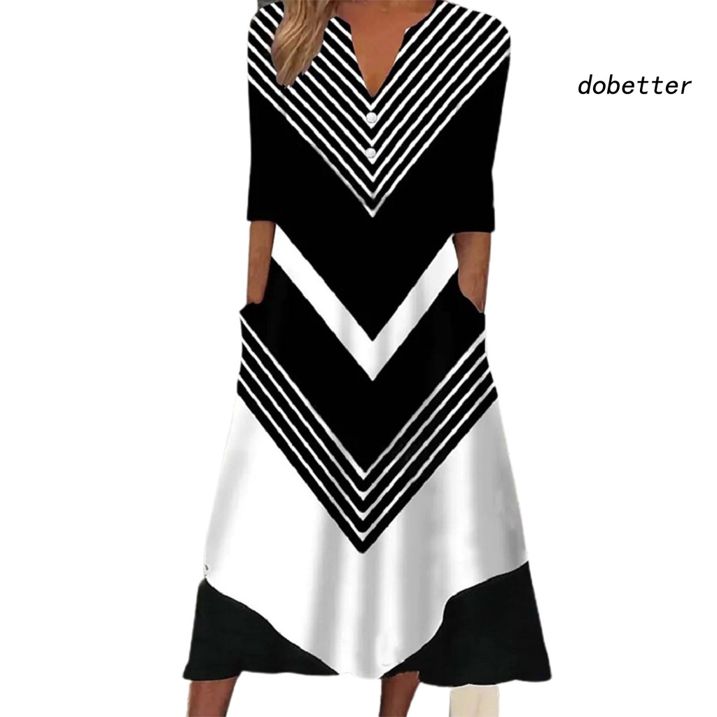 Đầm Dài Cổ Chữ V Kẻ Sọc Phối Nút Trang Trí Có Túi Thời Trang Cho Nữ