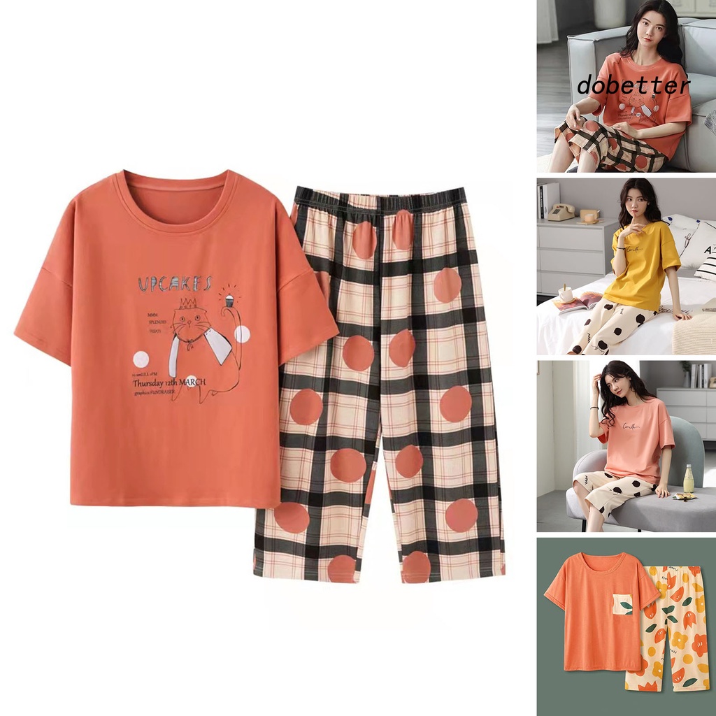 Bộ Đồ Ngủ 2 Món Áo Tay Ngắn Cổ Tròn In Hoạt Hình Phối Quần Lưng Thun Thời Trang Mùa Hè Cho Nữ