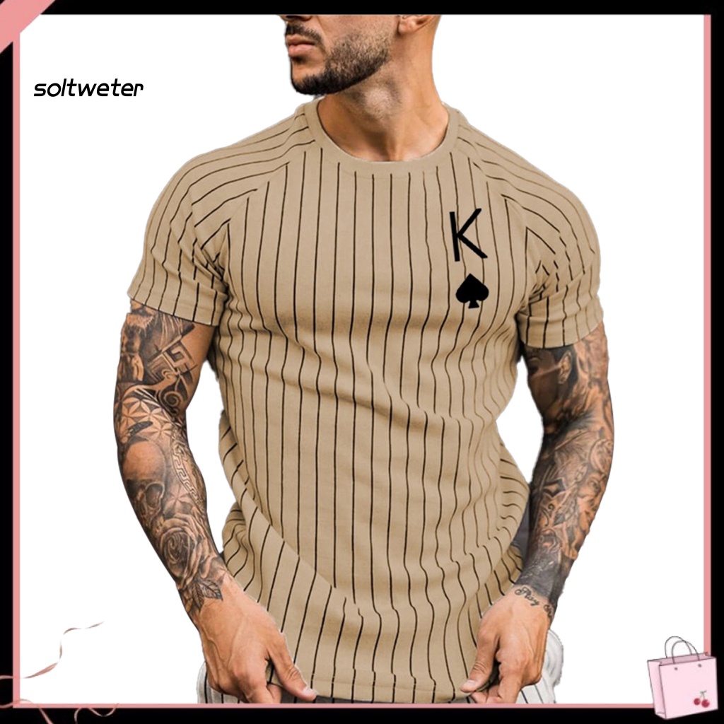 Áo Thun Tay Ngắn Dáng Ôm In Hình Lá Bài Poker Kẻ Sọc Dọc Trẻ Trung Cho Nam