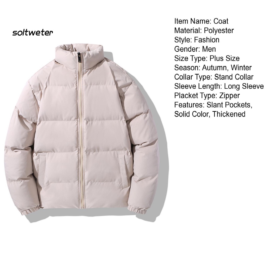 St Áo Khoác Phao Dày Dặn Màu Trơn Tay Dài Cổ Đứng Có Túi Khóa Kéo Có Thể Co Giãn Thời Trang Thu Đông Đường Phố Cho Nam