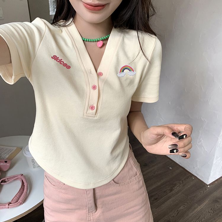 Cozok Áo Thun Ngắn Tay Dáng Ôm Thêu Họa Tiết vintage Thời Trang